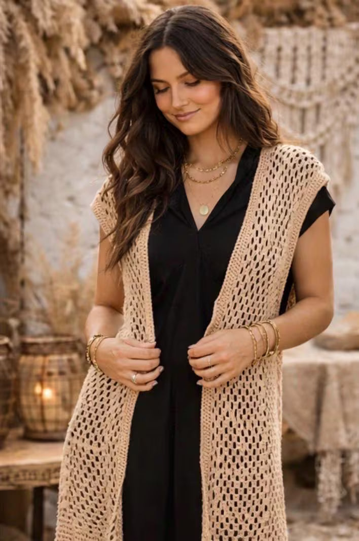 Chaleco Largo Crochet Beige Boho – Kimono Tejido a Mano Estilo Ibiza, Chaleco Verano Mujer Hippie Chic