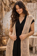 Chaleco Largo Crochet Beige Boho – Kimono Tejido a Mano Estilo Ibiza, Chaleco Verano Mujer Hippie Chic