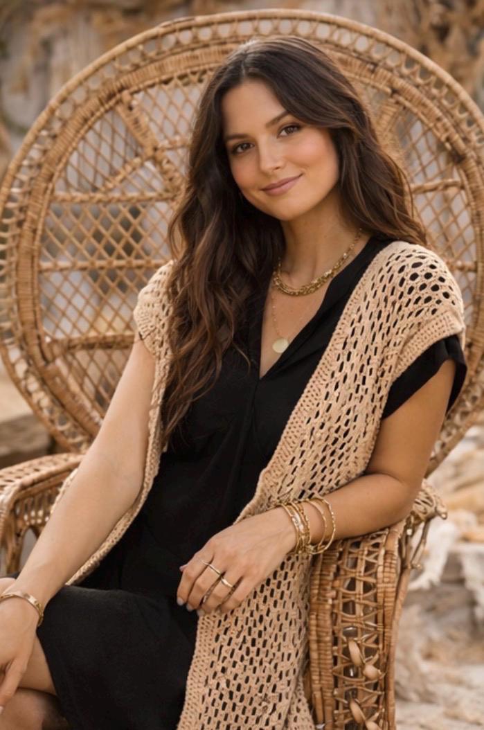 Chaleco Largo Crochet Beige Boho – Kimono Tejido a Mano Estilo Ibiza, Chaleco Verano Mujer Hippie Chic