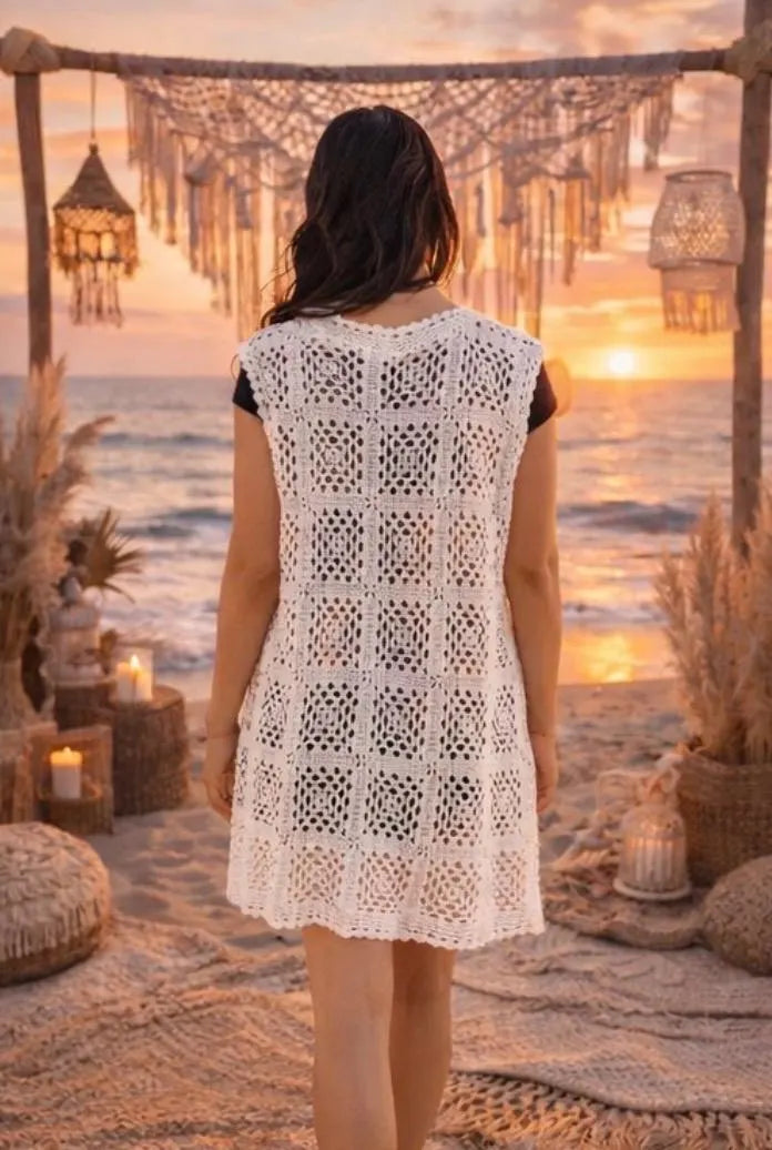 Chaleco Boho Crochet Largo Blanco | Kimono Ibiza Mujer | Cardigan Verano Playa | Estilo Hippie Chic Festival