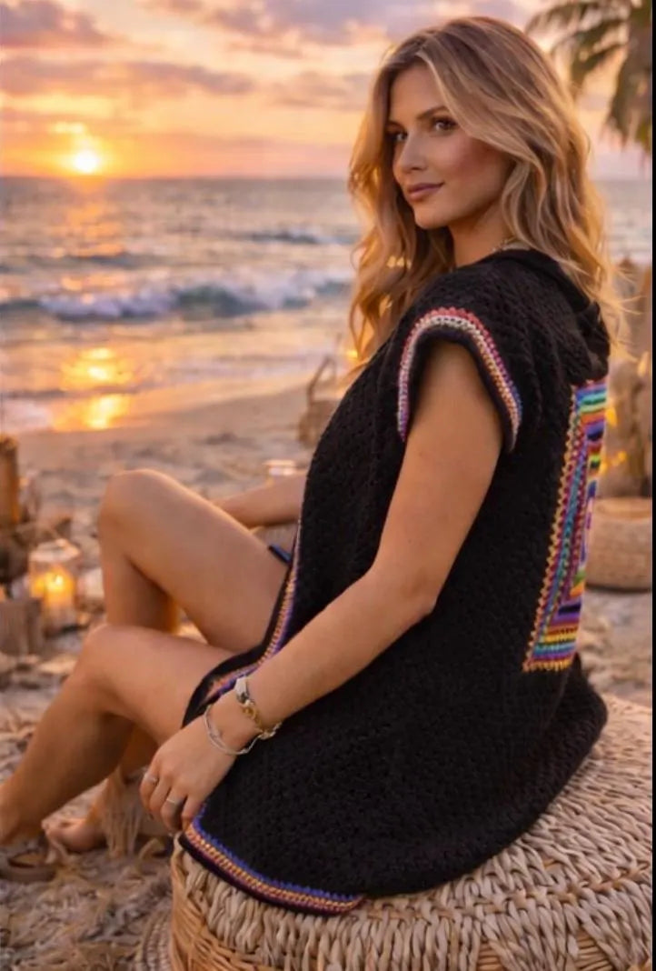 Chaleco Boho Crochet Negro Lana | Cardigan Hippie Chic Largo | Kimono Artesanal Mujer | Estilo Ibiza con Granny Square
