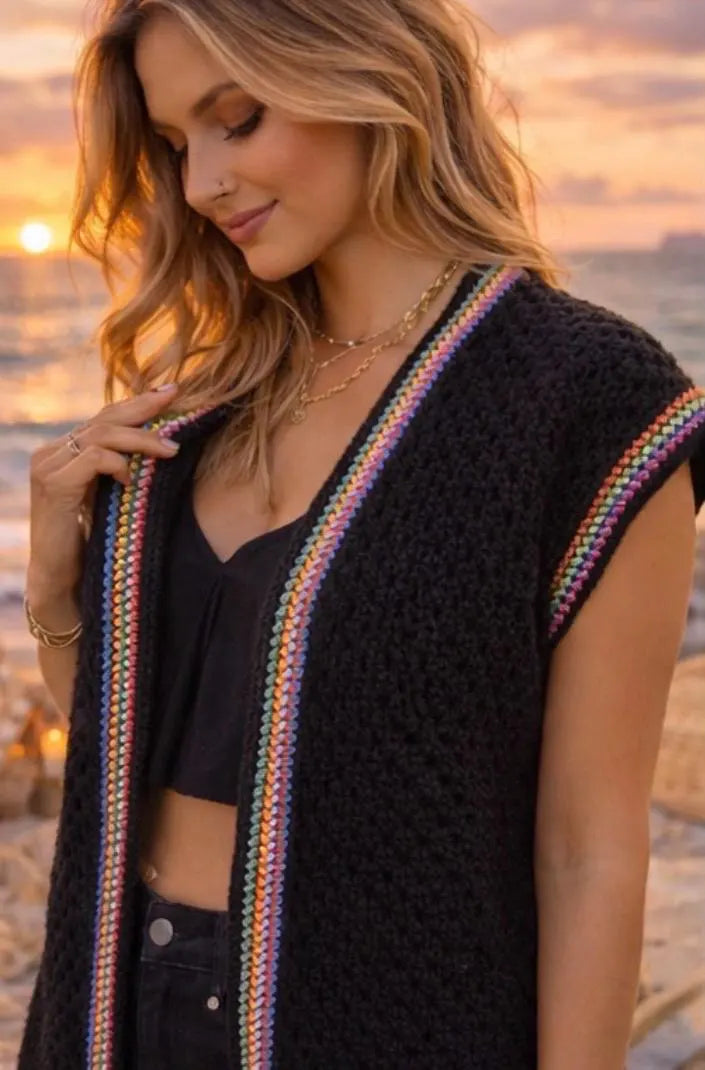 Chaleco Boho Crochet Negro Lana | Cardigan Hippie Chic Largo | Kimono Artesanal Mujer | Estilo Ibiza con Granny Square