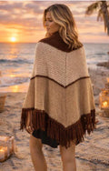 Poncho Boho Lana Beige y Marrón con Flecos | Capa Crochet Mujer | Estilo Hippie Chic Invierno | Moda Ibiza Otoño