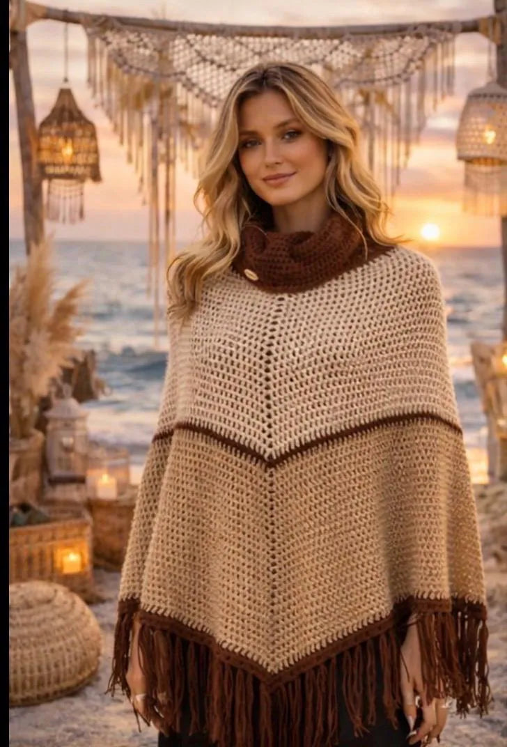 Poncho Boho Lana Beige y Marrón con Flecos | Capa Crochet Mujer | Estilo Hippie Chic Invierno | Moda Ibiza Otoño