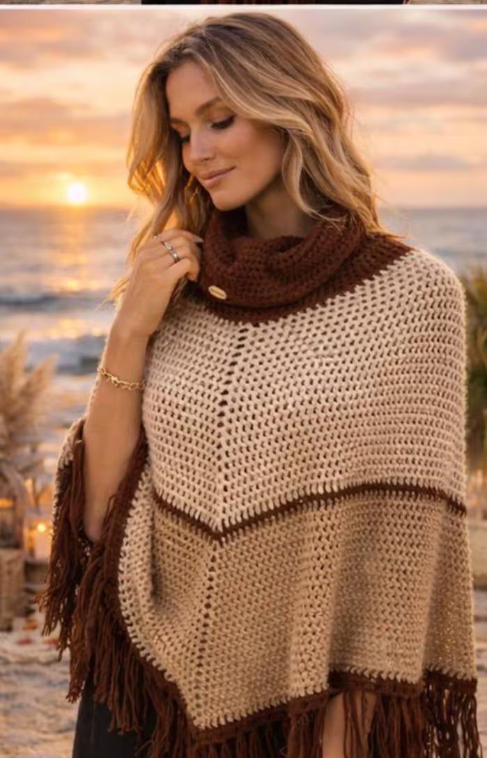 Poncho Boho Lana Beige y Marrón con Flecos | Capa Crochet Mujer | Estilo Hippie Chic Invierno | Moda Ibiza Otoño