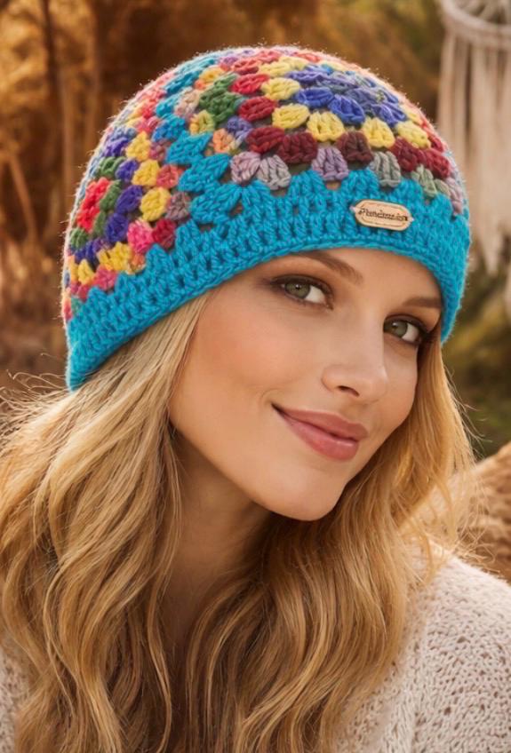 Gorro Crochet Granny Square Amarillo – Beanie Tejido a Mano Mujer – Gorro Boho Invierno – Sombrero Artesanal Colorido