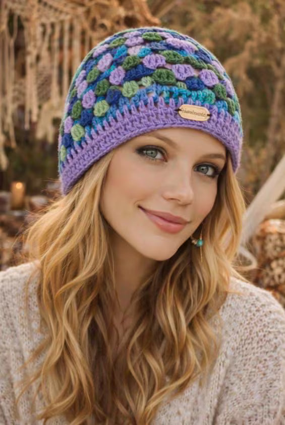 Gorro Crochet Granny Square Amarillo – Beanie Tejido a Mano Mujer – Gorro Boho Invierno – Sombrero Artesanal Colorido