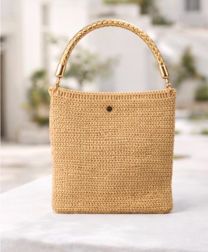 Bolso de Mano Dorado Tejido a Crochet con Asa Metálica | Mini Bolso Elegante de Noche | Handmade Ibiza Style
