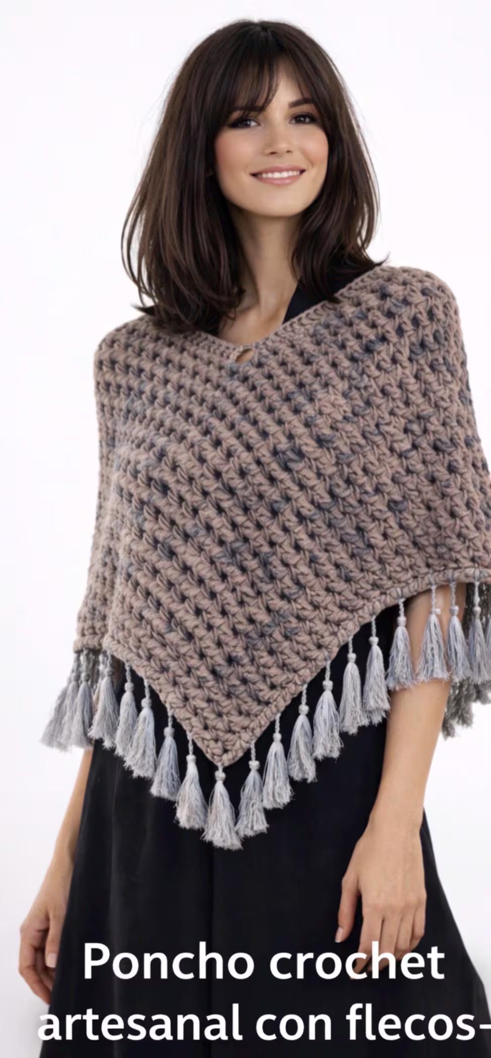 Poncho crochet artesanal gris y topo con flecos | Chal boho hecho a mano | Moda otoño invierno mujer