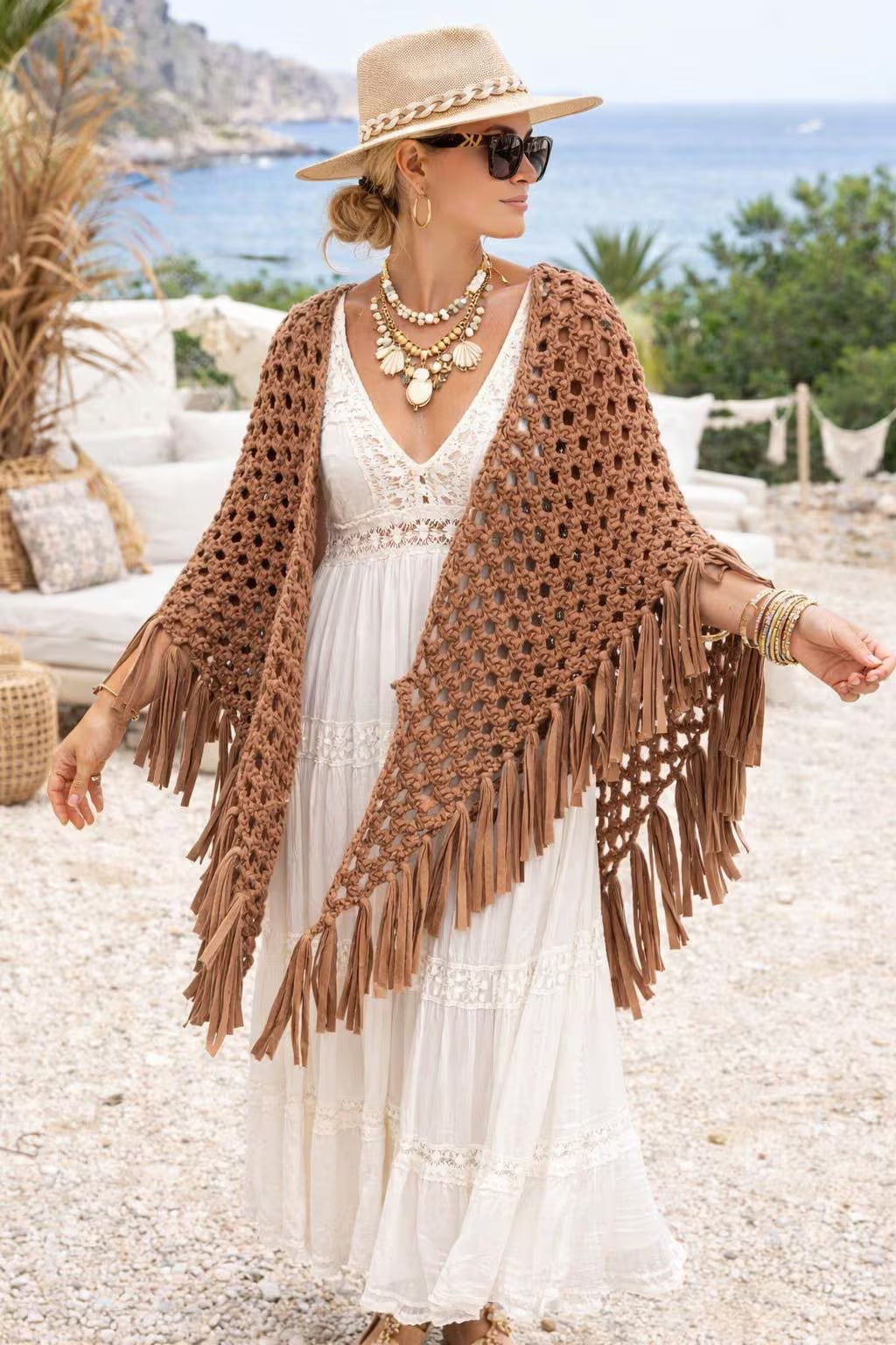 Boho Crochet Fringe Shawl, Bohemian Poncho Wrap, Festival Crochet Shawl, Hippie Fringe Poncho, Beach Cover Up, Boho Wedding Shawl, Gift for