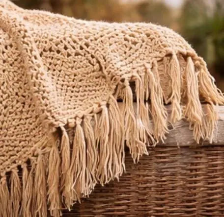 Boho Crochet Throw Blanket, Handmade Fringe Blanket, Bohemian Sofa Throw, Rustic Farmhouse Blanket, Cozy Crochet Afghan, Boho Home Decor