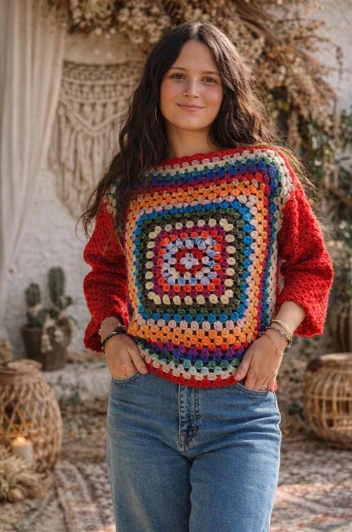 Jersey Boho Crochet Multicolor Granny Square – Suéter Artesanal Estilo Ibiza Hippie Chic Otoño Invierno Mujer