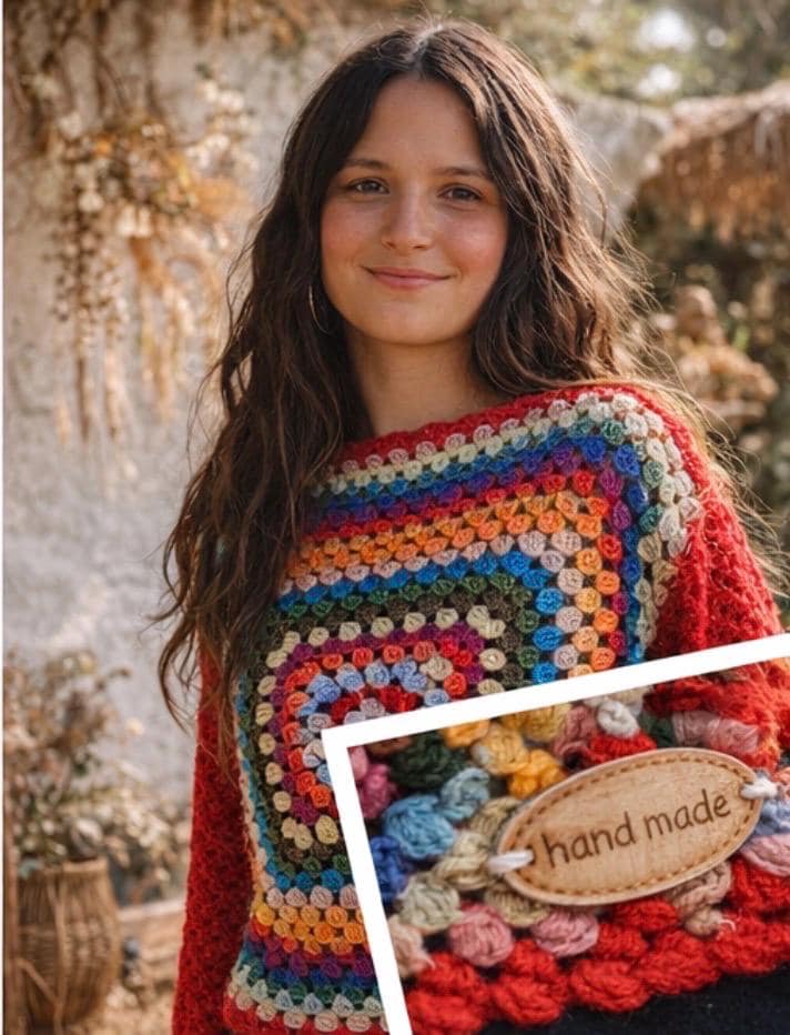 Jersey Boho Crochet Multicolor Granny Square – Suéter Artesanal Estilo Ibiza Hippie Chic Otoño Invierno Mujer