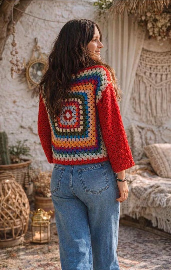 Jersey Boho Crochet Multicolor Granny Square – Suéter Artesanal Estilo Ibiza Hippie Chic Otoño Invierno Mujer