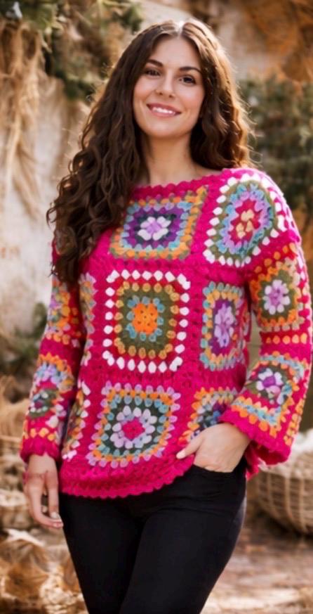 Jersey Crochet Granny Square Fucsia Multicolor – Suéter Boho Hecho a Mano Estilo Ibiza Hippie Chic Mujer