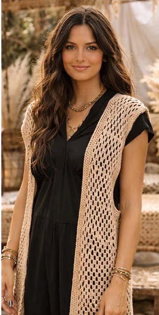Chaleco Largo Crochet Beige Boho – Kimono Tejido a Mano Estilo Ibiza, Chaleco Verano Mujer Hippie Chic