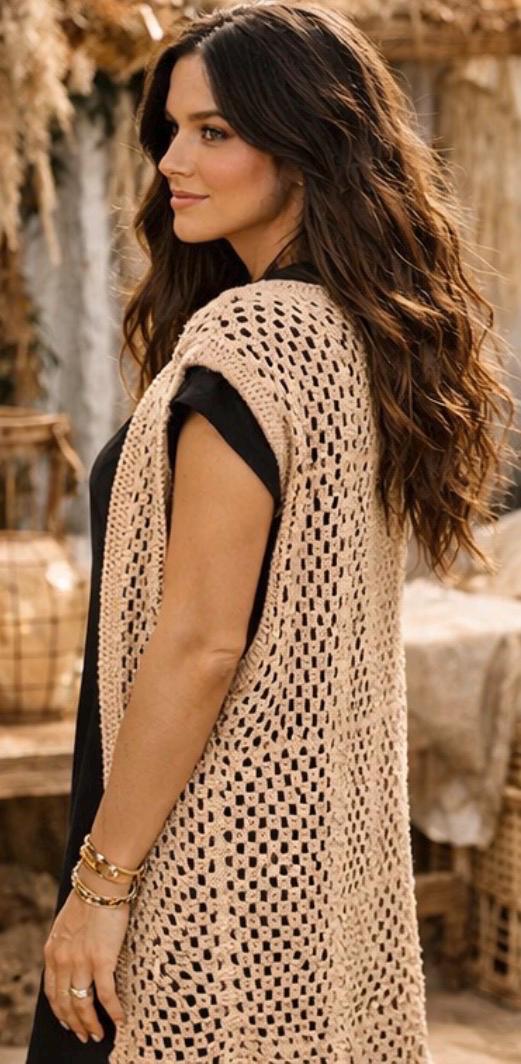 Chaleco Largo Crochet Beige Boho – Kimono Tejido a Mano Estilo Ibiza, Chaleco Verano Mujer Hippie Chic