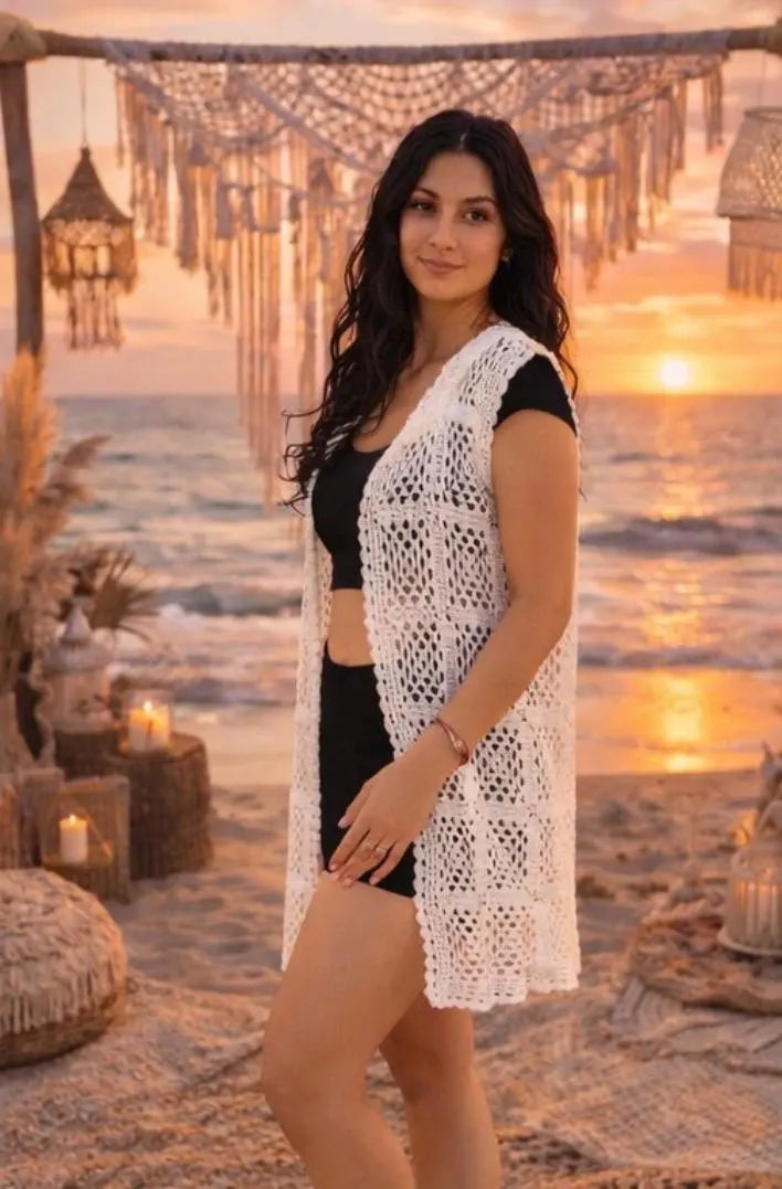 Chaleco Boho Crochet Largo Blanco | Kimono Ibiza Mujer | Cardigan Verano Playa | Estilo Hippie Chic Festival