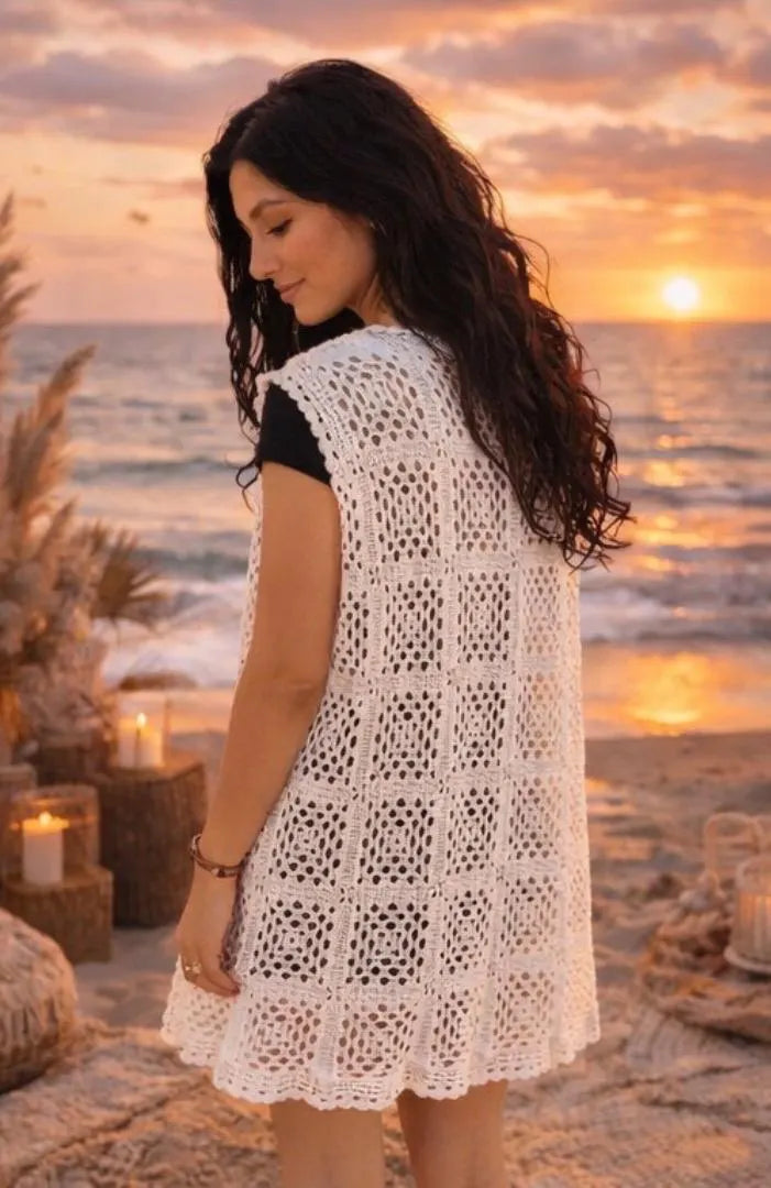 Chaleco Boho Crochet Largo Blanco | Kimono Ibiza Mujer | Cardigan Verano Playa | Estilo Hippie Chic Festival