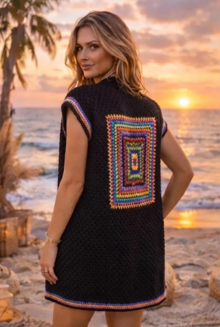 Chaleco Boho Crochet Negro Lana | Cardigan Hippie Chic Largo | Kimono Artesanal Mujer | Estilo Ibiza con Granny Square