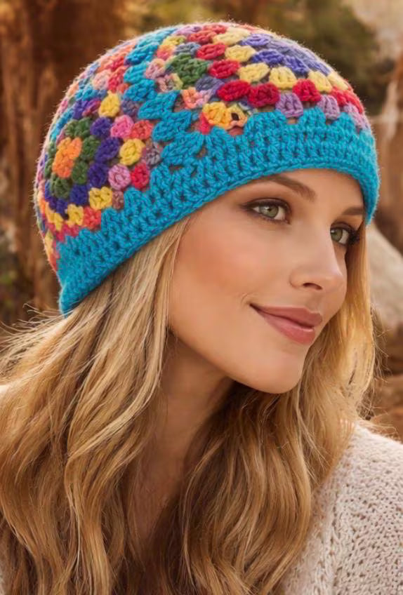 Gorro Crochet Granny Square Amarillo – Beanie Tejido a Mano Mujer – Gorro Boho Invierno – Sombrero Artesanal Colorido