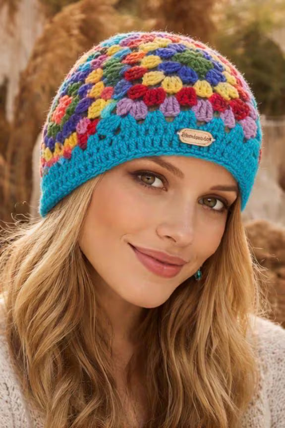 Gorro Crochet Granny Square Amarillo – Beanie Tejido a Mano Mujer – Gorro Boho Invierno – Sombrero Artesanal Colorido