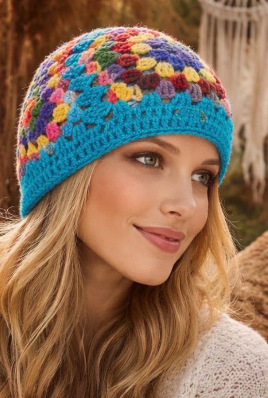 Gorro Crochet Granny Square Amarillo – Beanie Tejido a Mano Mujer – Gorro Boho Invierno – Sombrero Artesanal Colorido