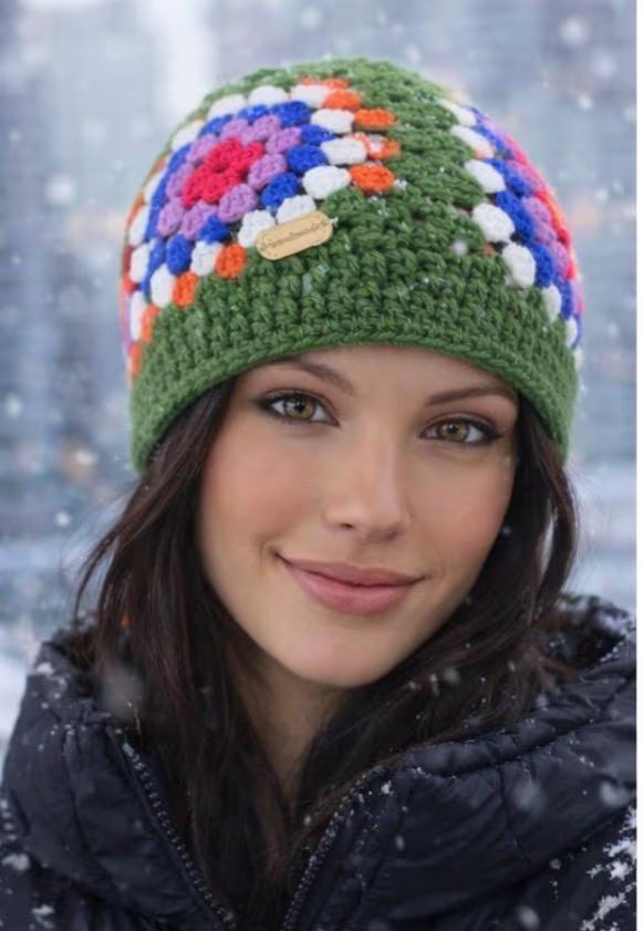 Gorro Crochet Granny Square Amarillo – Beanie Tejido a Mano Mujer – Gorro Boho Invierno – Sombrero Artesanal Colorido