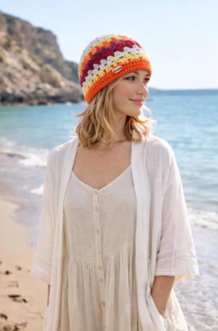 Häkelmütze Granny Square Gelb – Handgestrickte Beanie für Damen – Boho Wintermütze – Bunter handgefertigter Hut