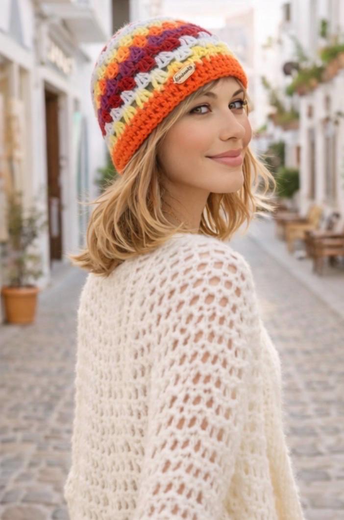 Häkelmütze Granny Square Gelb – Handgestrickte Beanie für Damen – Boho Wintermütze – Bunter handgefertigter Hut