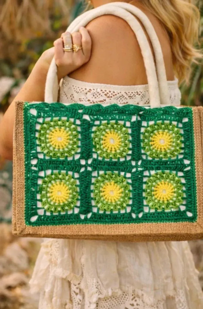 Bolso Crochet Granny Square Verde y Amarillo, Bolso Boho Hecho a Mano, Tote Bag Crochet Mujer, Bolso Playa Verano, Bolso Artesanal