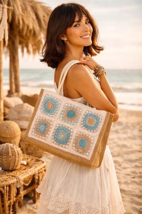 Bolso Crochet Granny Square Hecho a Mano, Bolso Boho de Hombro, Tote Bag Crochet, Bolso Verano Playa, Bolso Artesanal Bohemio