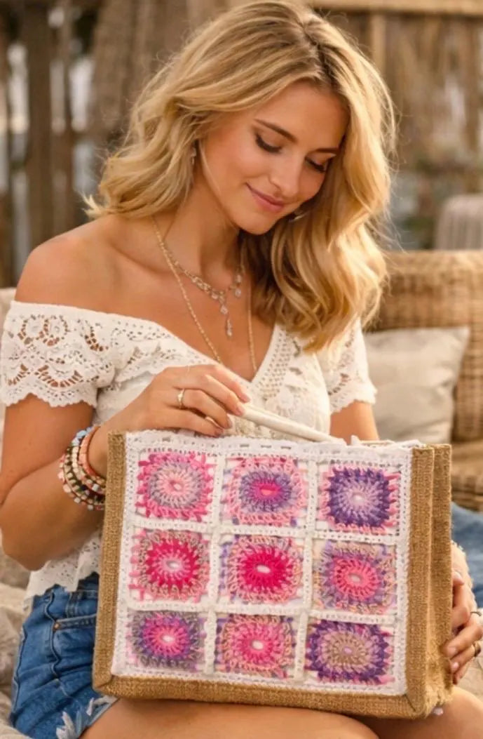 Bolso Crochet Granny Square Rosa y Lila, Bolso Boho Hecho a Mano, Tote Bag Crochet Mujer, Bolso Verano Playa, Bolso Artesanal