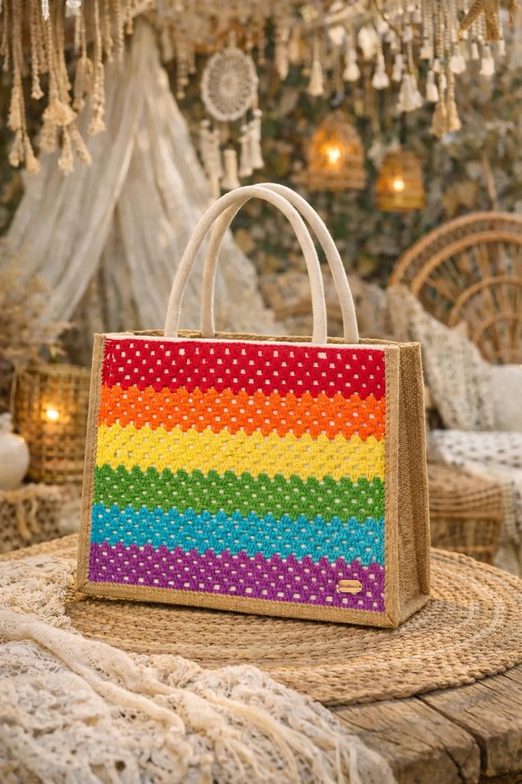 Bolso de Crochet Hecho a Mano con Granny Squares | Bolso Boho de Yute | Tote Bag Artesanal para Playa o Mercado | Bolso Bohemio Mujer