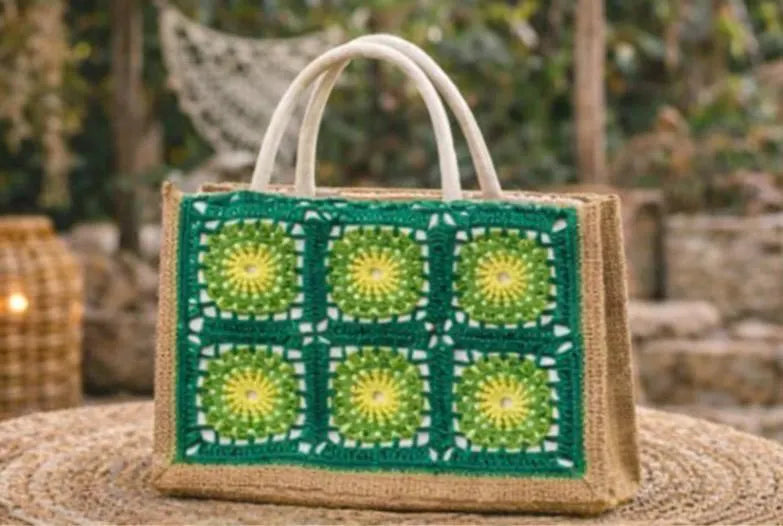 Bolso Crochet Granny Square Verde y Amarillo, Bolso Boho Hecho a Mano, Tote Bag Crochet Mujer, Bolso Playa Verano, Bolso Artesanal
