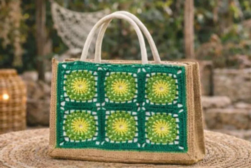 Bolso Crochet Granny Square Verde y Amarillo, Bolso Boho Hecho a Mano, Tote Bag Crochet Mujer, Bolso Playa Verano, Bolso Artesanal