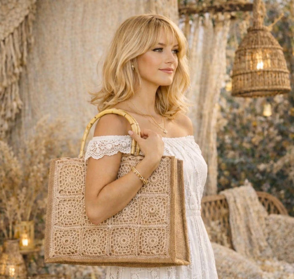 Bolso de Crochet Granny Square Hecho a Mano | Bolso Boho de Yute | Tote Bag Artesanal Colorido | Bolso Bohemio Mujer Playa Verano