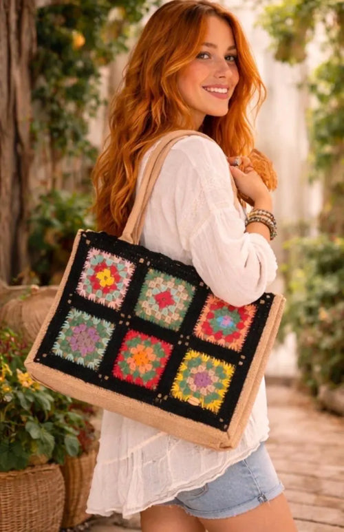 Bolso Crochet Beige Hecho a Mano | Bolso Boho de Yute | Granny Square Tote Bag | Bolso Mujer Elegante Natural | Bolso Playa