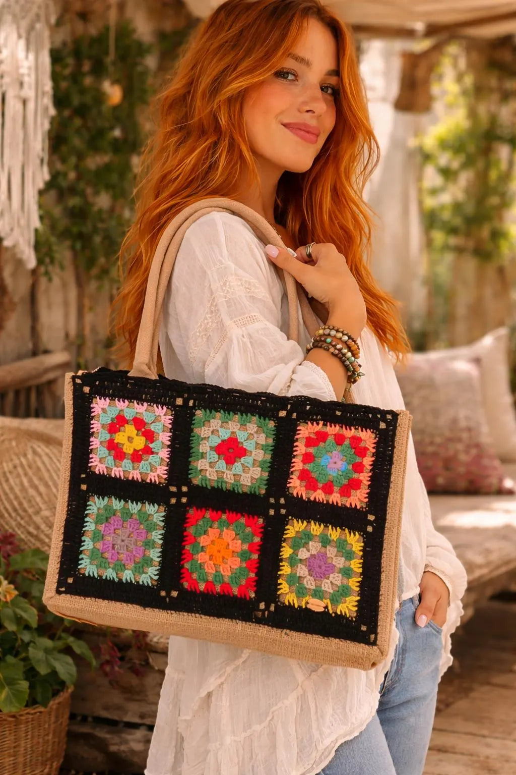 Bolso Crochet Beige Hecho a Mano | Bolso Boho de Yute | Granny Square Tote Bag | Bolso Mujer Elegante Natural | Bolso Playa
