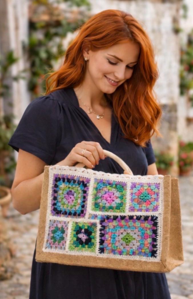 Bolso Crochet Granny Square Multicolor, Bolso Boho Hecho a Mano, Tote Bag Crochet Mujer, Bolso Playa Verano, Bolso Artesanal de Yute