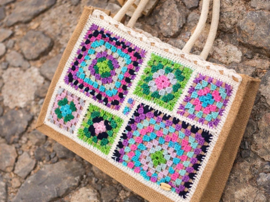 Bolso Crochet Granny Square Multicolor, Bolso Boho Hecho a Mano, Tote Bag Crochet Mujer, Bolso Playa Verano, Bolso Artesanal de Yute