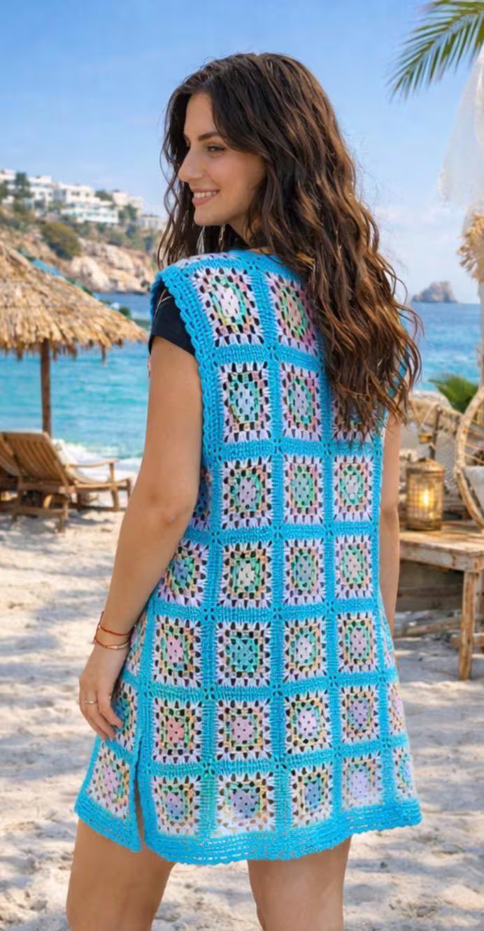 Chaleco Crochet Granny Square Turquesa – Chaleco Boho Largo Hecho a Mano – Kimono de Verano Playero – Cardigan Sin Mangas