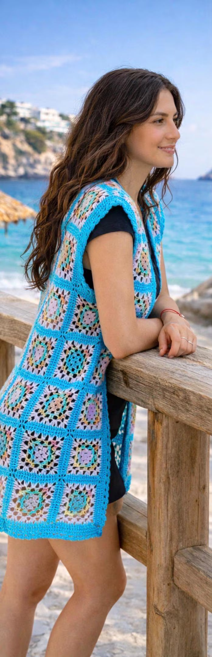 Chaleco Crochet Granny Square Turquesa – Chaleco Boho Largo Hecho a Mano – Kimono de Verano Playero – Cardigan Sin Mangas