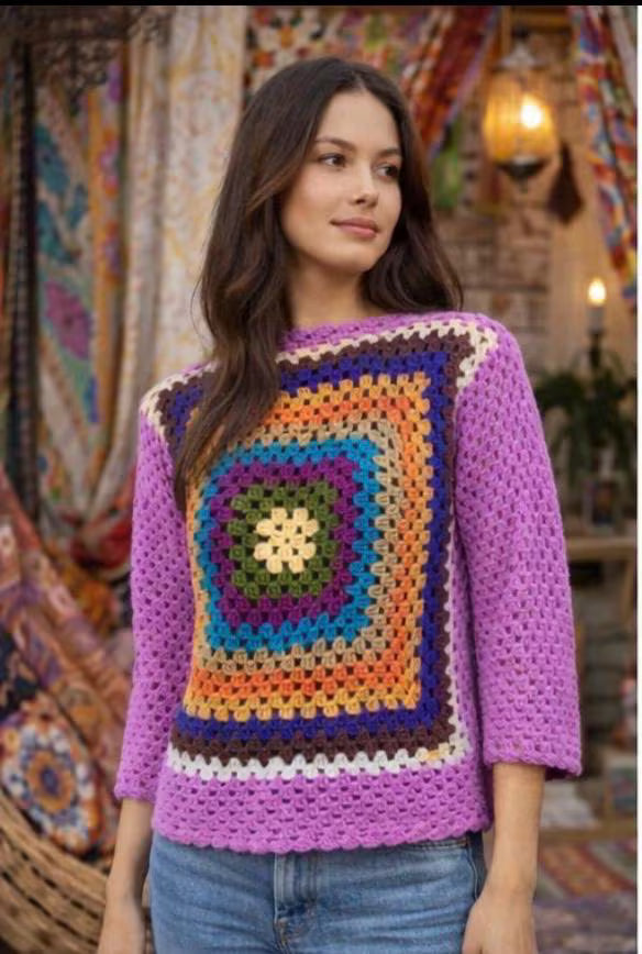 Colorful Handmade Crochet Granny Square Sweater | Boho Hippie Vintage Pullover | Unique Patchwork Knit Top