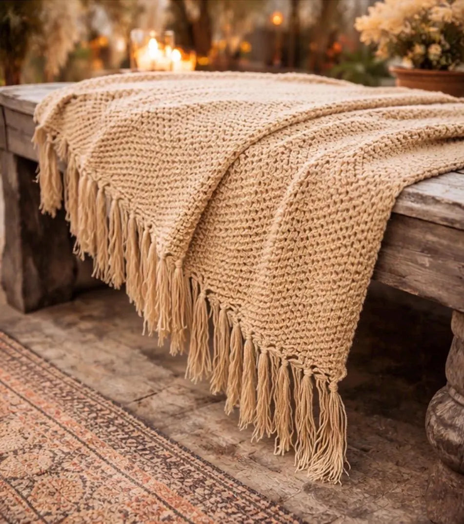 Boho Crochet Throw Blanket, Handmade Fringe Blanket, Bohemian Sofa Throw, Rustic Farmhouse Blanket, Cozy Crochet Afghan, Boho Home Decor