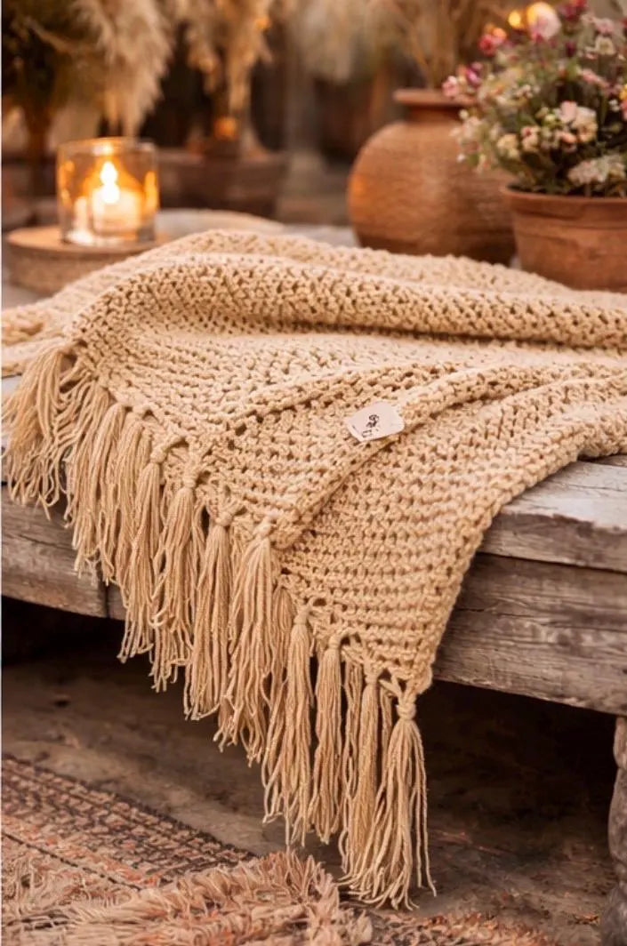Boho Crochet Throw Blanket, Handmade Fringe Blanket, Bohemian Sofa Throw, Rustic Farmhouse Blanket, Cozy Crochet Afghan, Boho Home Decor