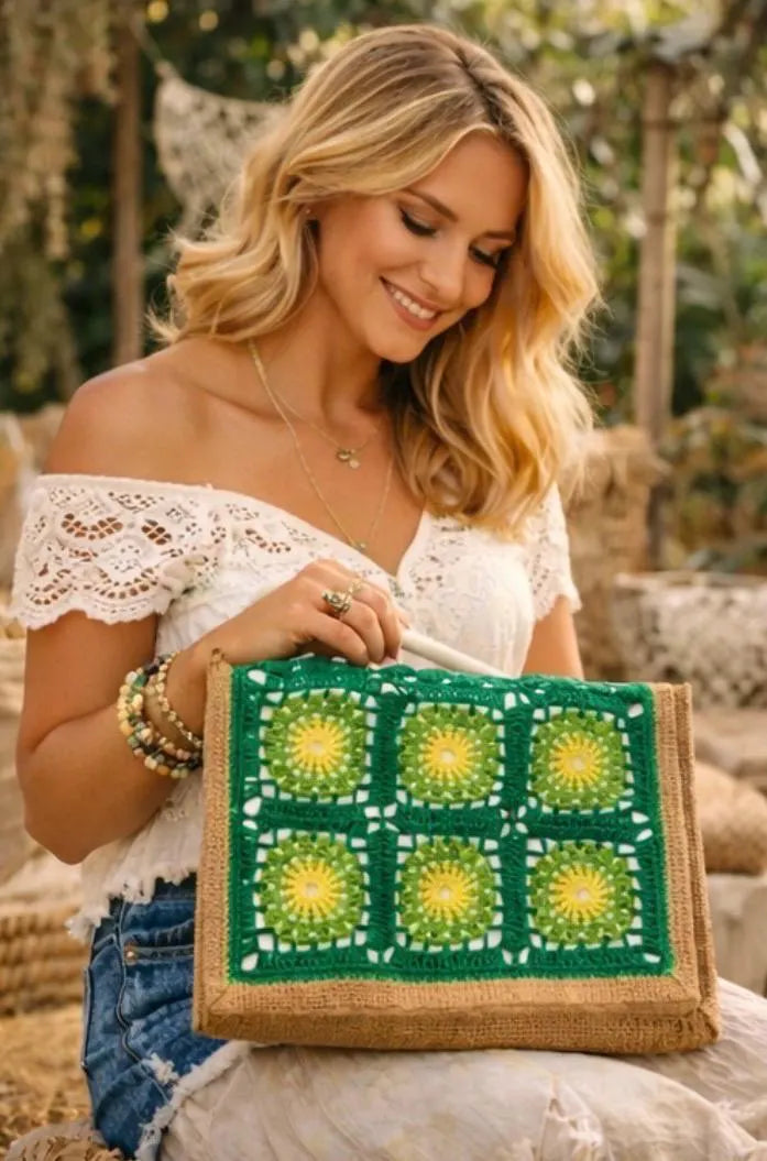 Bolso Crochet Granny Square Verde y Amarillo, Bolso Boho Hecho a Mano, Tote Bag Crochet Mujer, Bolso Playa Verano, Bolso Artesanal