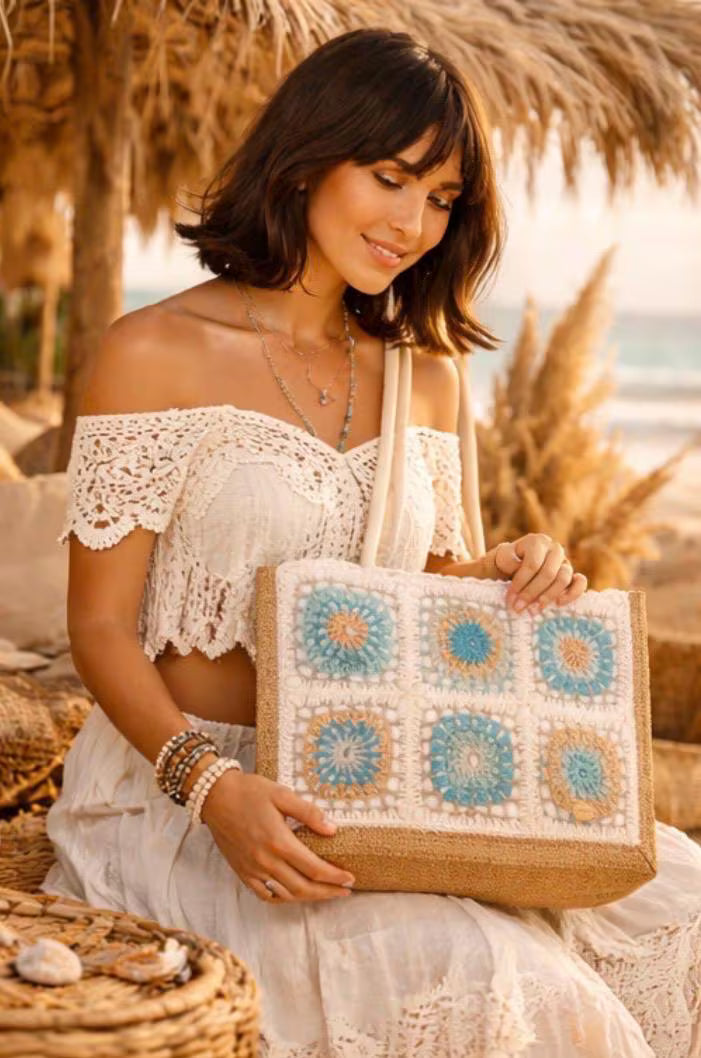 Bolso Crochet Granny Square Hecho a Mano, Bolso Boho de Hombro, Tote Bag Crochet, Bolso Verano Playa, Bolso Artesanal Bohemio