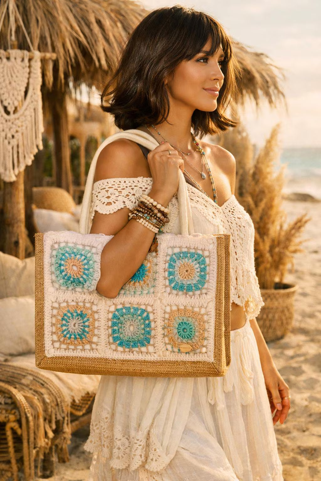 Bolso Crochet Granny Square Hecho a Mano, Bolso Boho de Hombro, Tote Bag Crochet, Bolso Verano Playa, Bolso Artesanal Bohemio