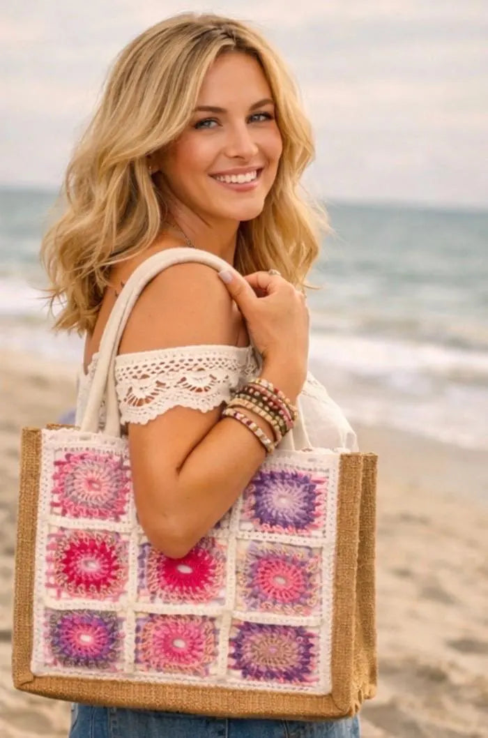 Bolso Crochet Granny Square Rosa y Lila, Bolso Boho Hecho a Mano, Tote Bag Crochet Mujer, Bolso Verano Playa, Bolso Artesanal
